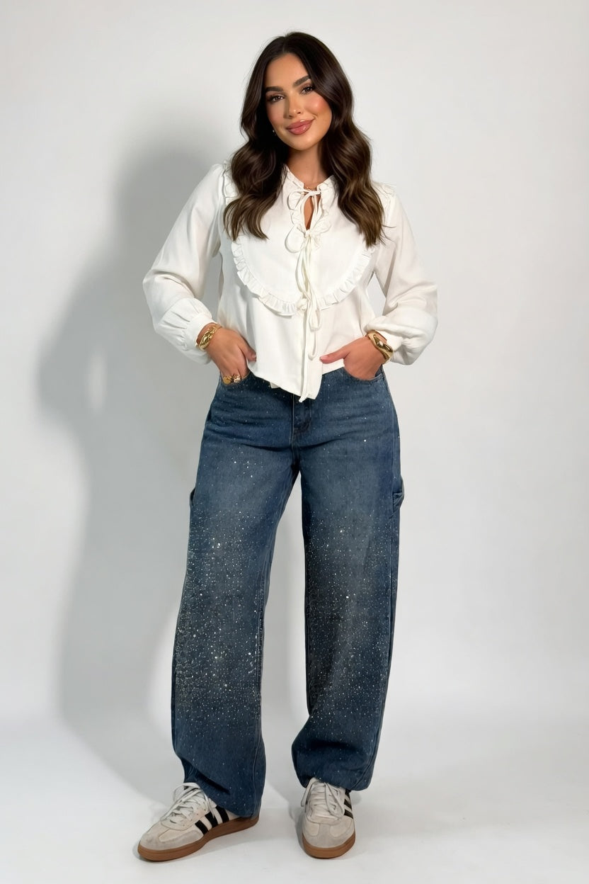 Dames jeans wijde pijp middelhoge taille met strass