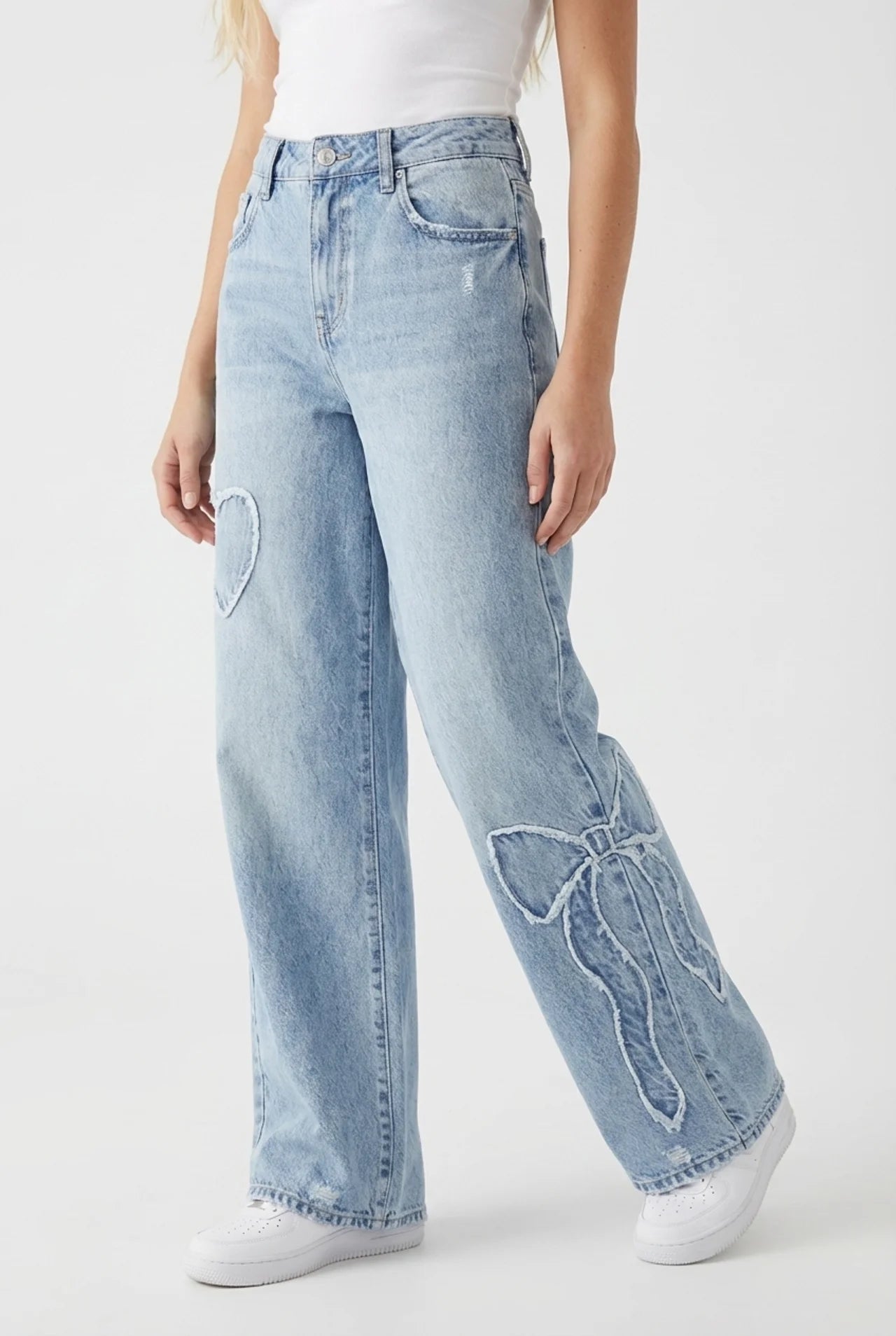 Dames jeans wijde pijp hoge taille met strikdetails blauw