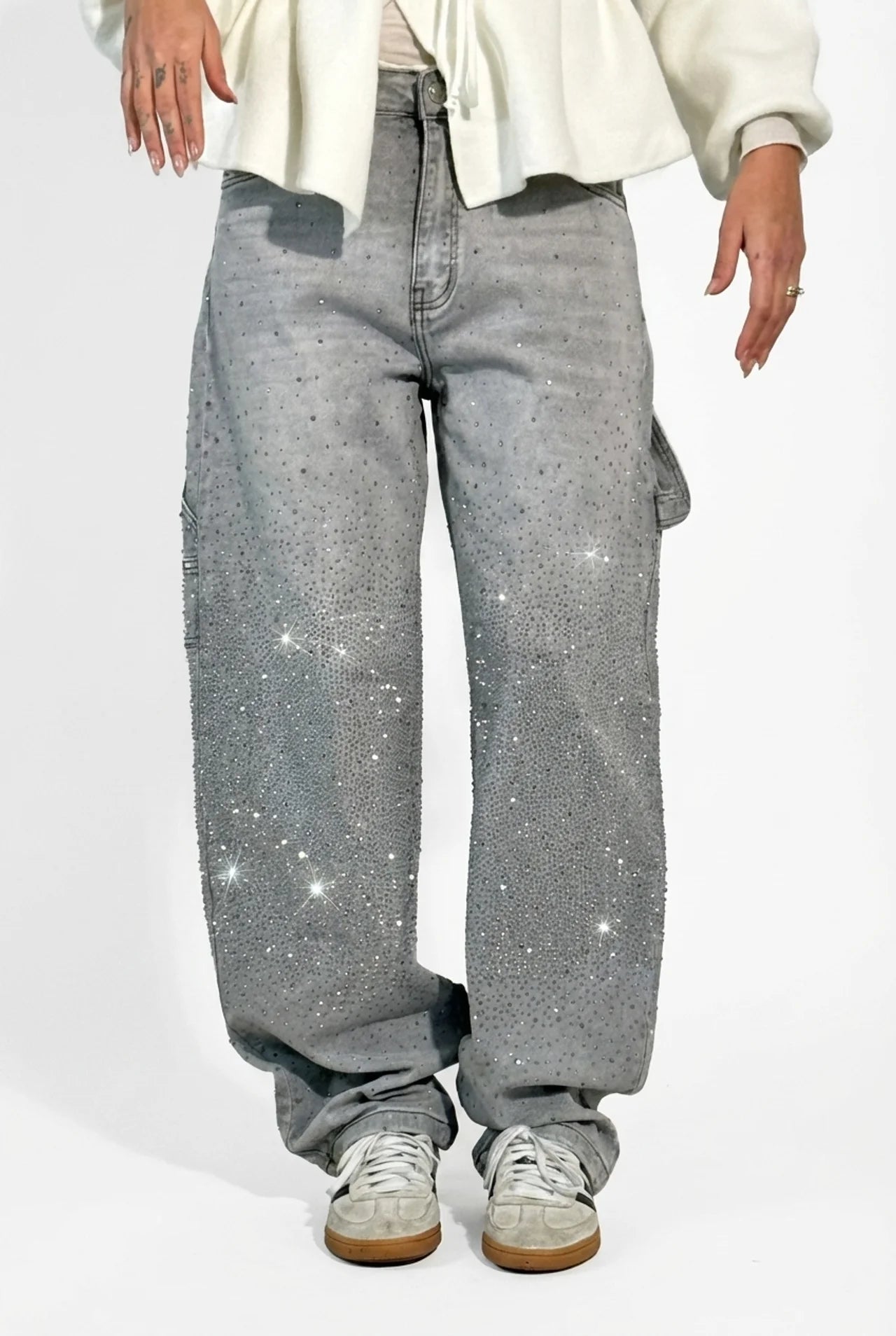 Dames jeans wijde pijp middelhoge taille met strass