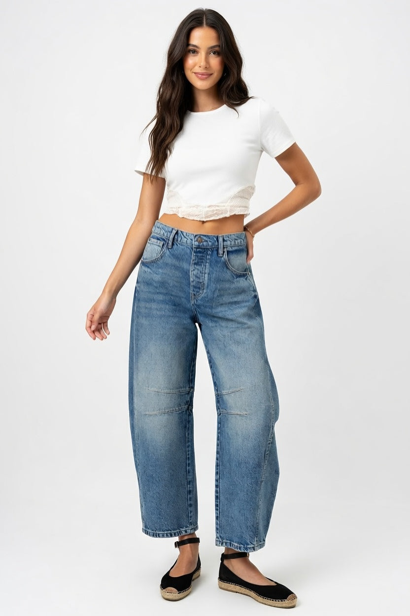 Dames jeans wijde pijp middelhoge taille denim