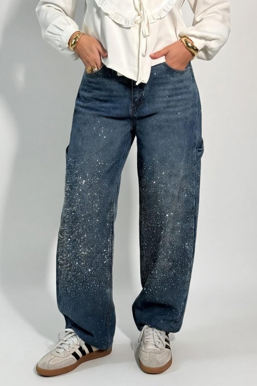 Dames jeans wijde pijp middelhoge taille met strass