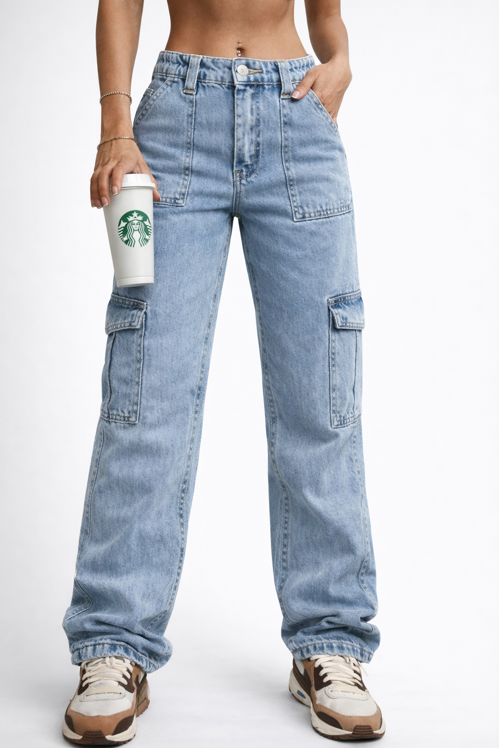 Dames cargo jeans lage taille rechte pijp blauw