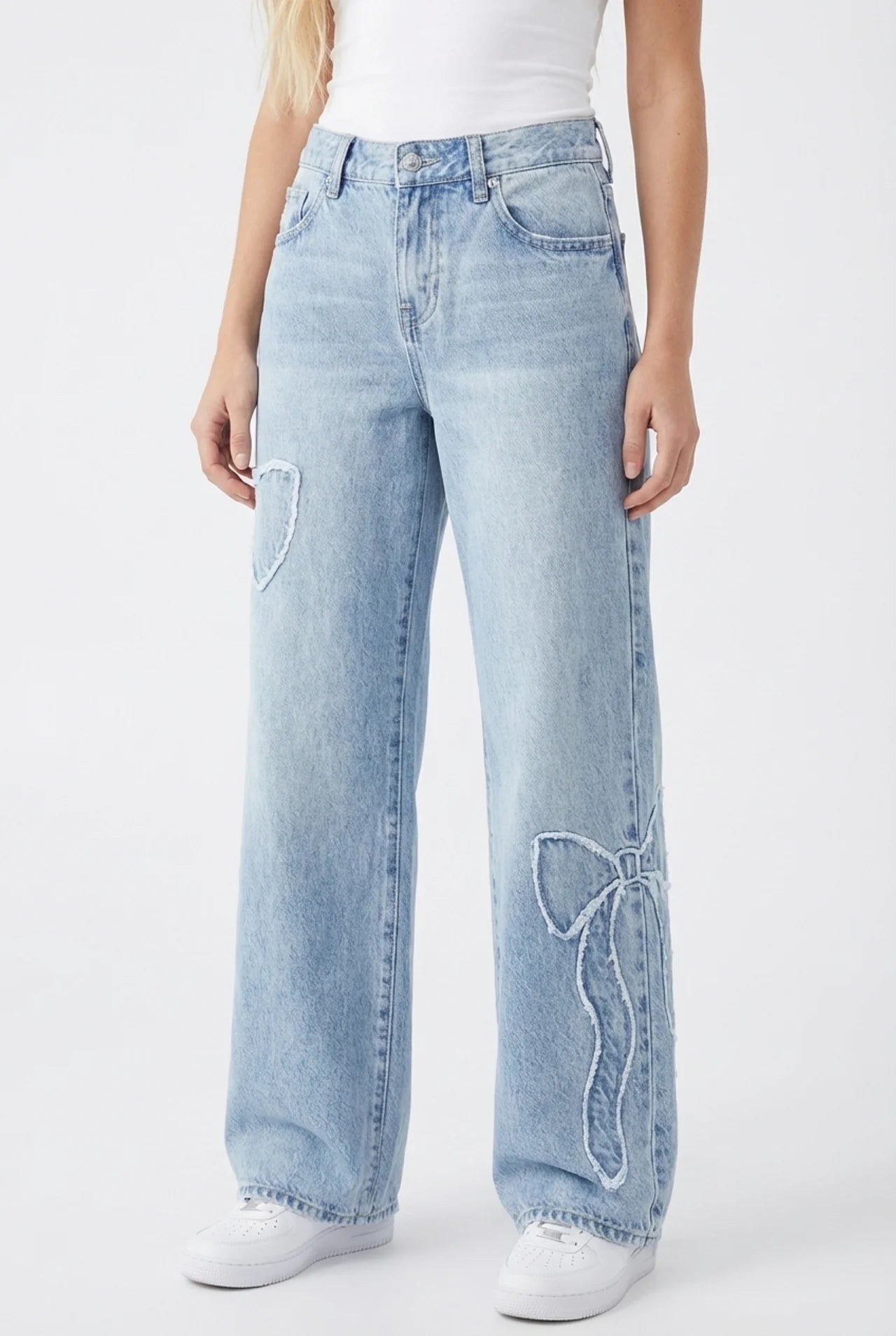 Dames jeans wijde pijp hoge taille met strikdetails blauw