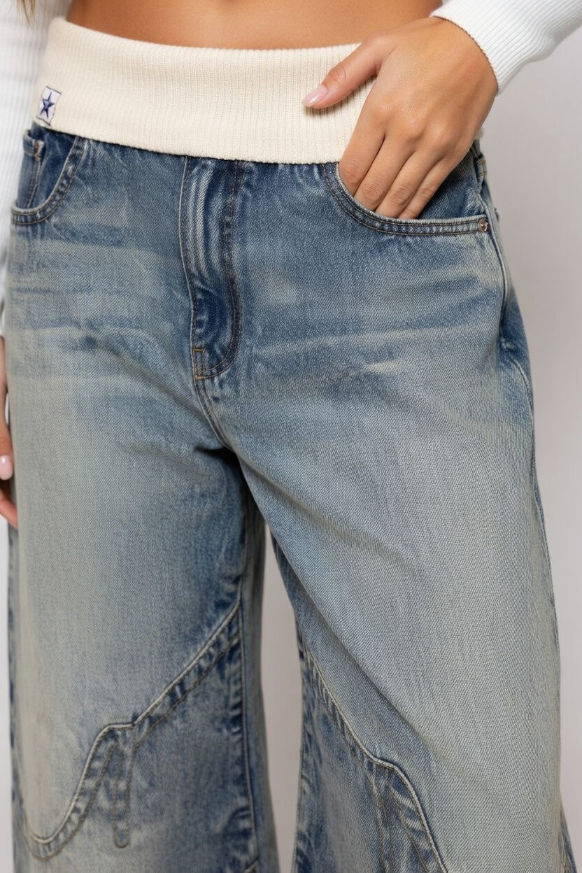Dames jeans wijde pijp lage taille denim blauw
