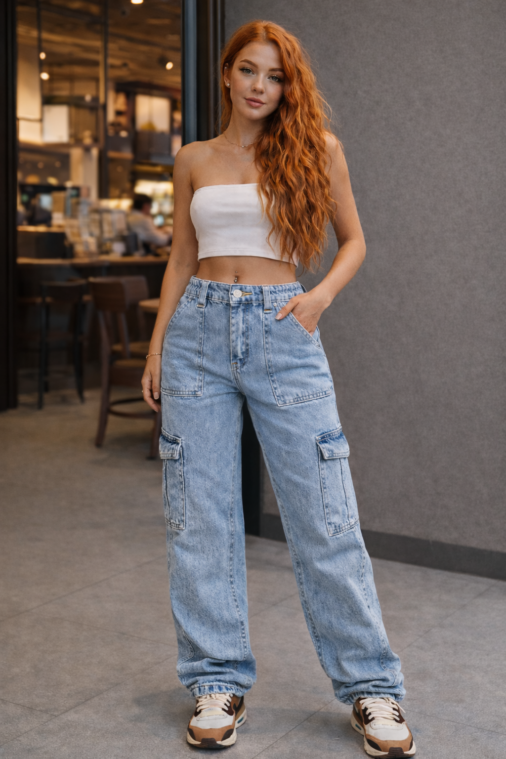 Dames cargo jeans lage taille rechte pijp blauw