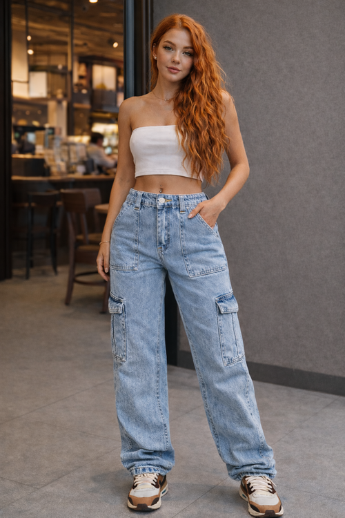 Dames cargo jeans lage taille rechte pijp blauw