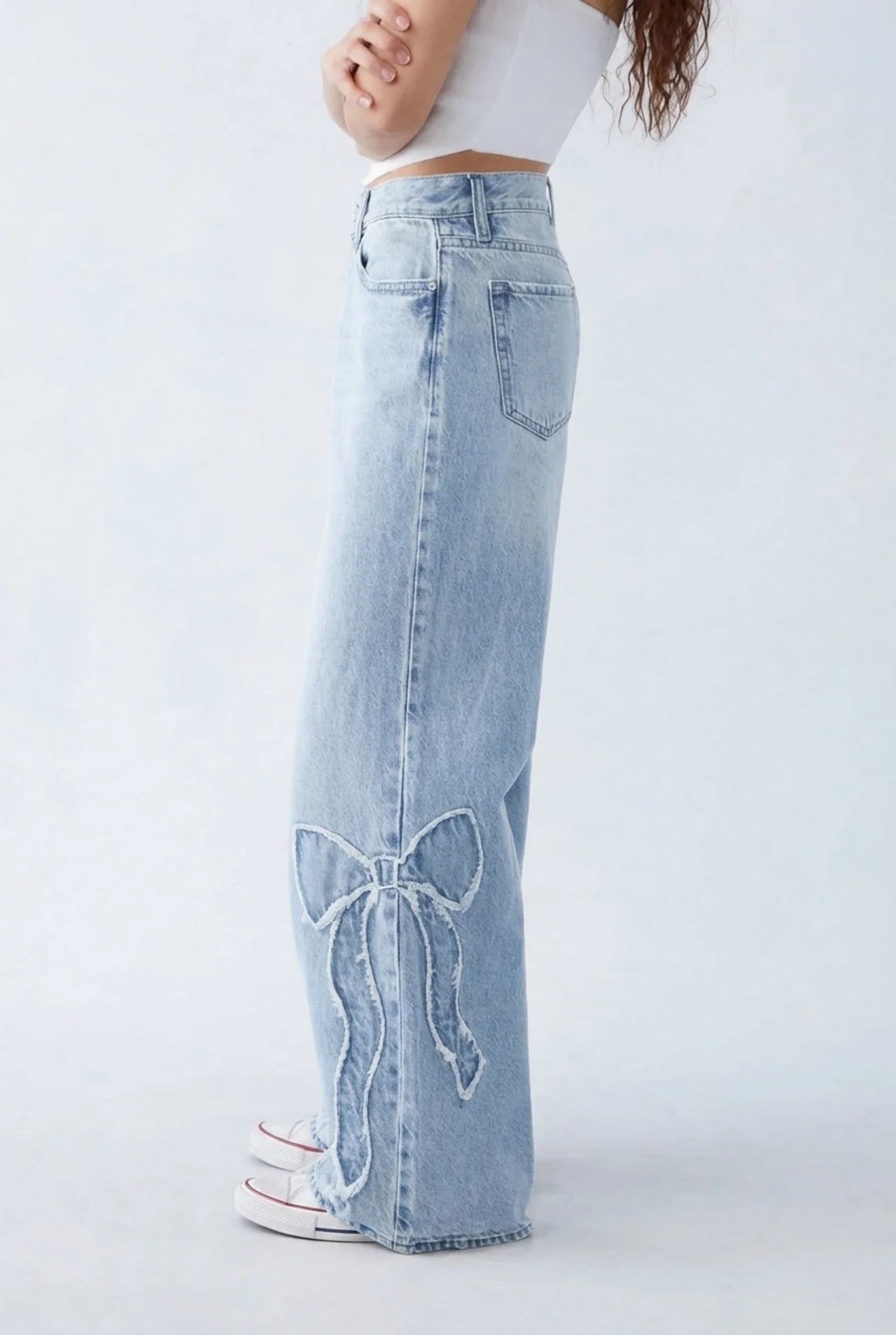 Dames jeans wijde pijp hoge taille met strikdetails blauw