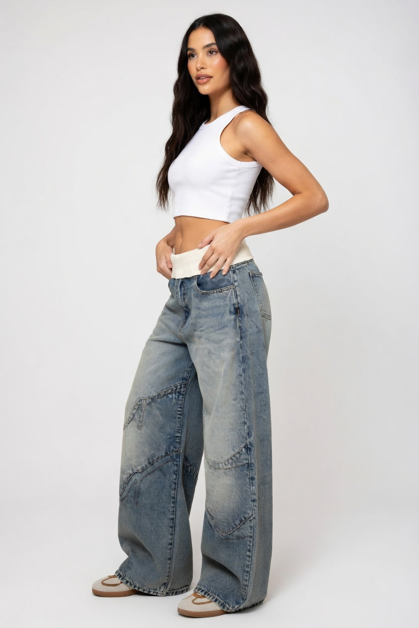 Dames jeans wijde pijp lage taille denim blauw