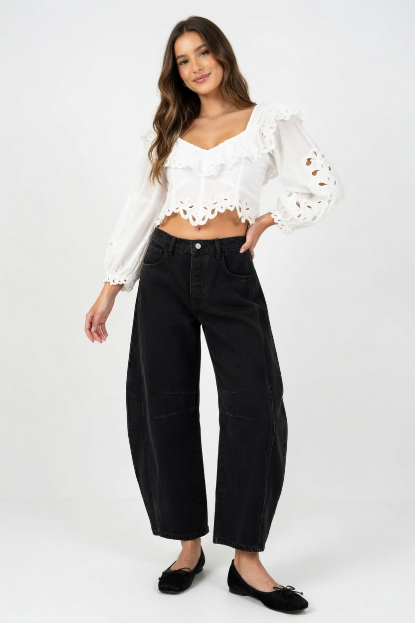 Dames jeans wijde pijp middelhoge taille denim