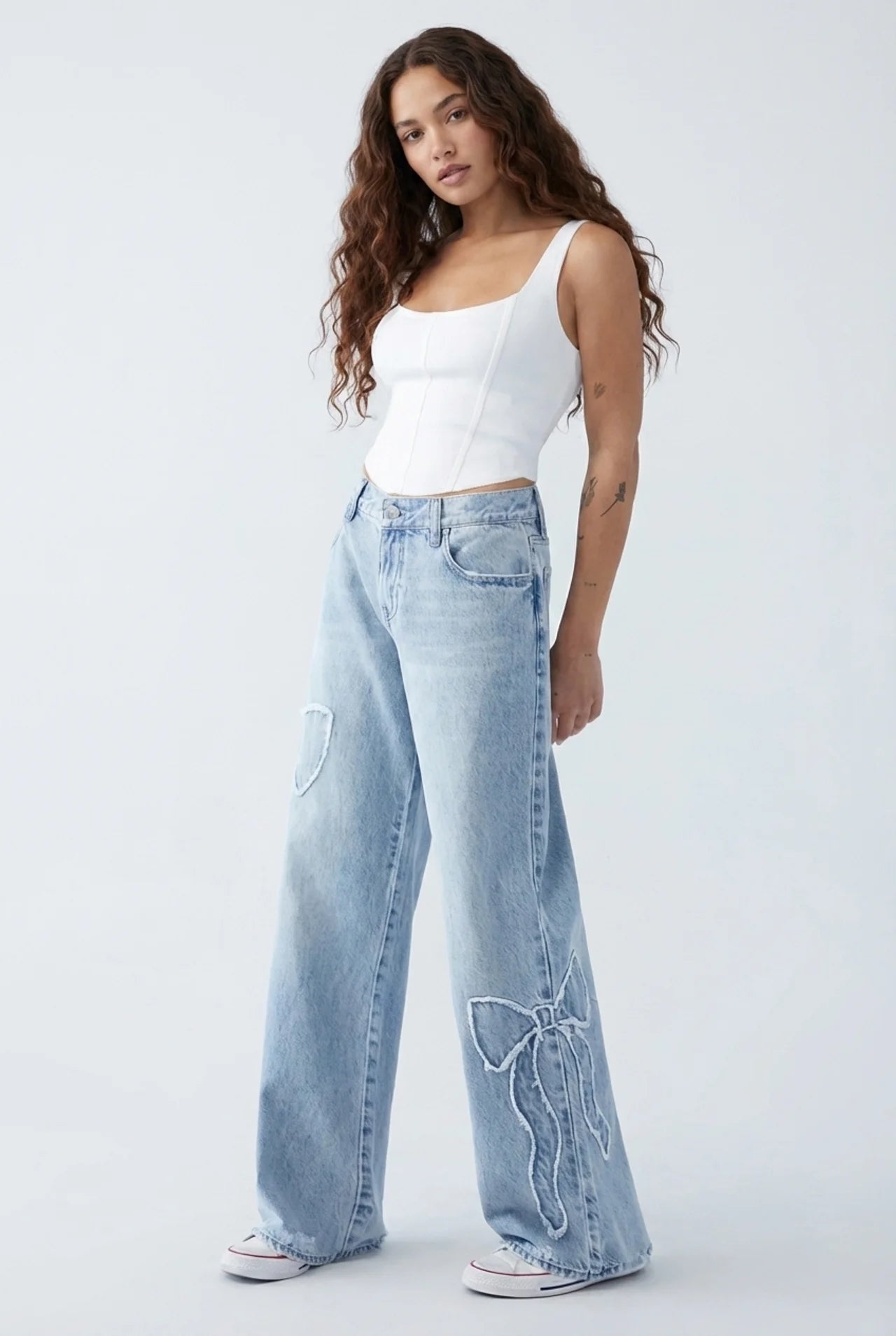 Dames jeans wijde pijp hoge taille met strikdetails blauw