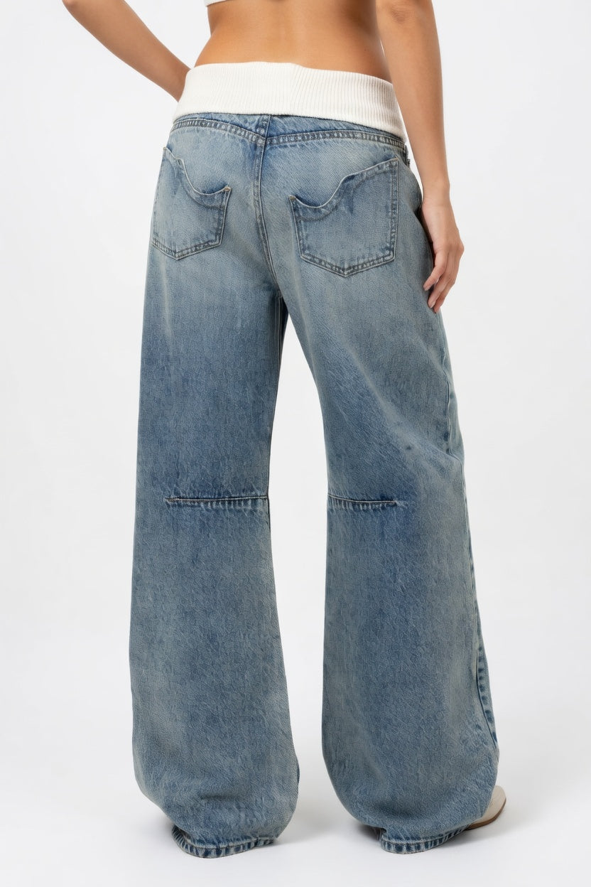 Dames jeans wijde pijp lage taille denim blauw