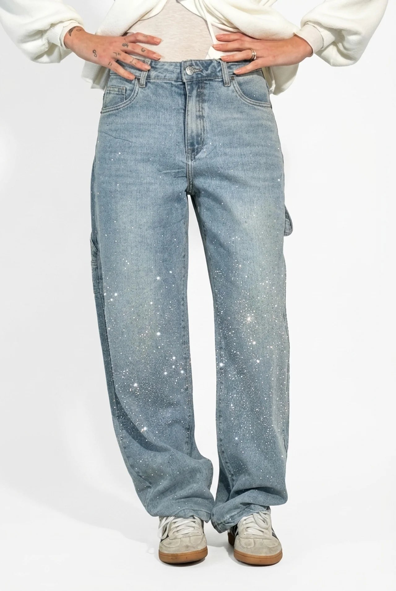 Dames jeans wijde pijp middelhoge taille met strass
