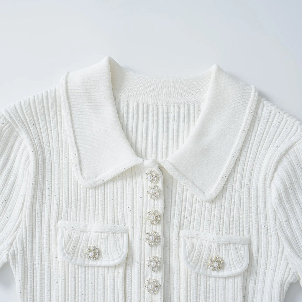 Françoise Gebreide Mini Jurk Polokraag Zirkonia Knopen