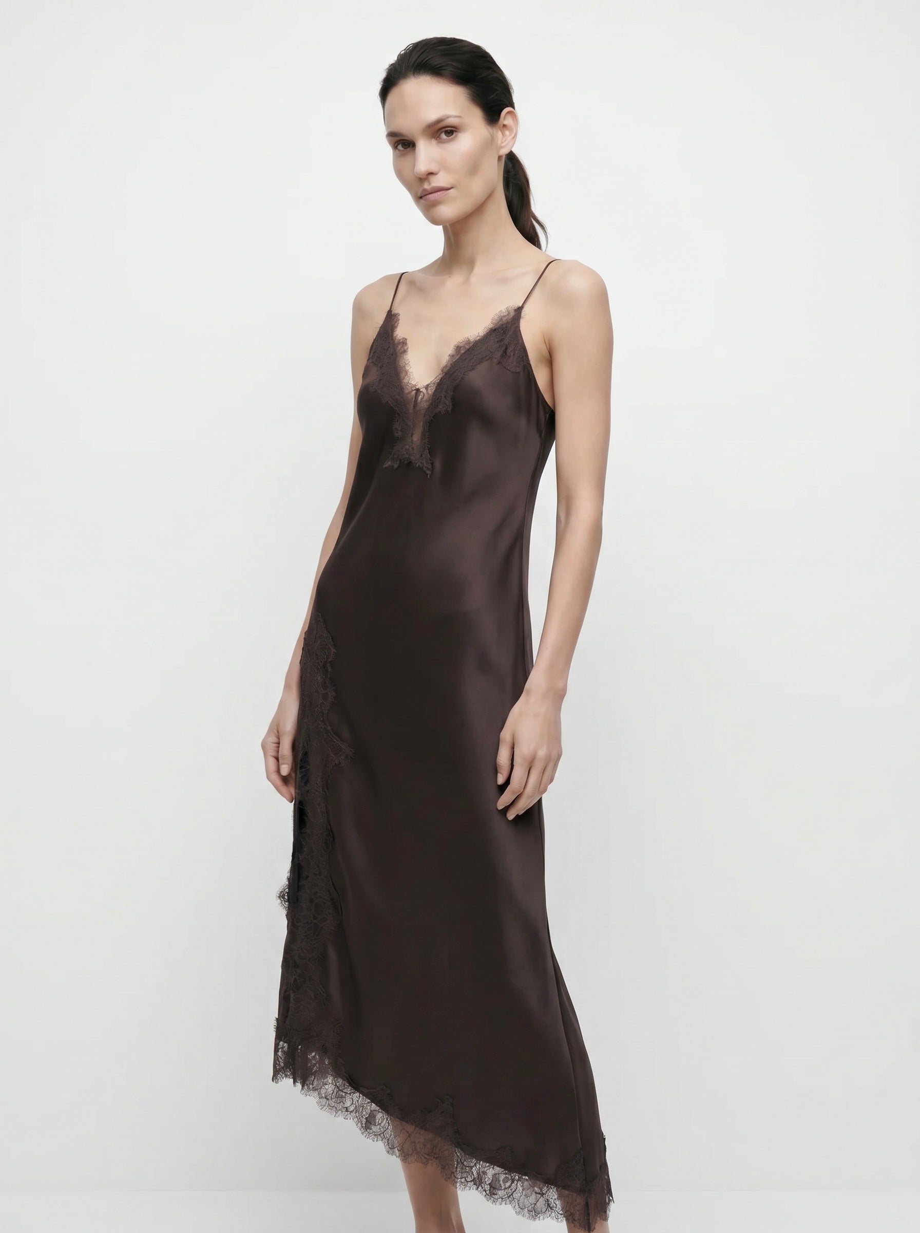 Océane Satijnen Slip Dress Kanten Zijpaneel V-hals