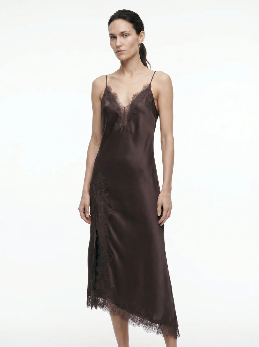 Océane Satijnen Slip Dress Kanten Zijpaneel V-hals