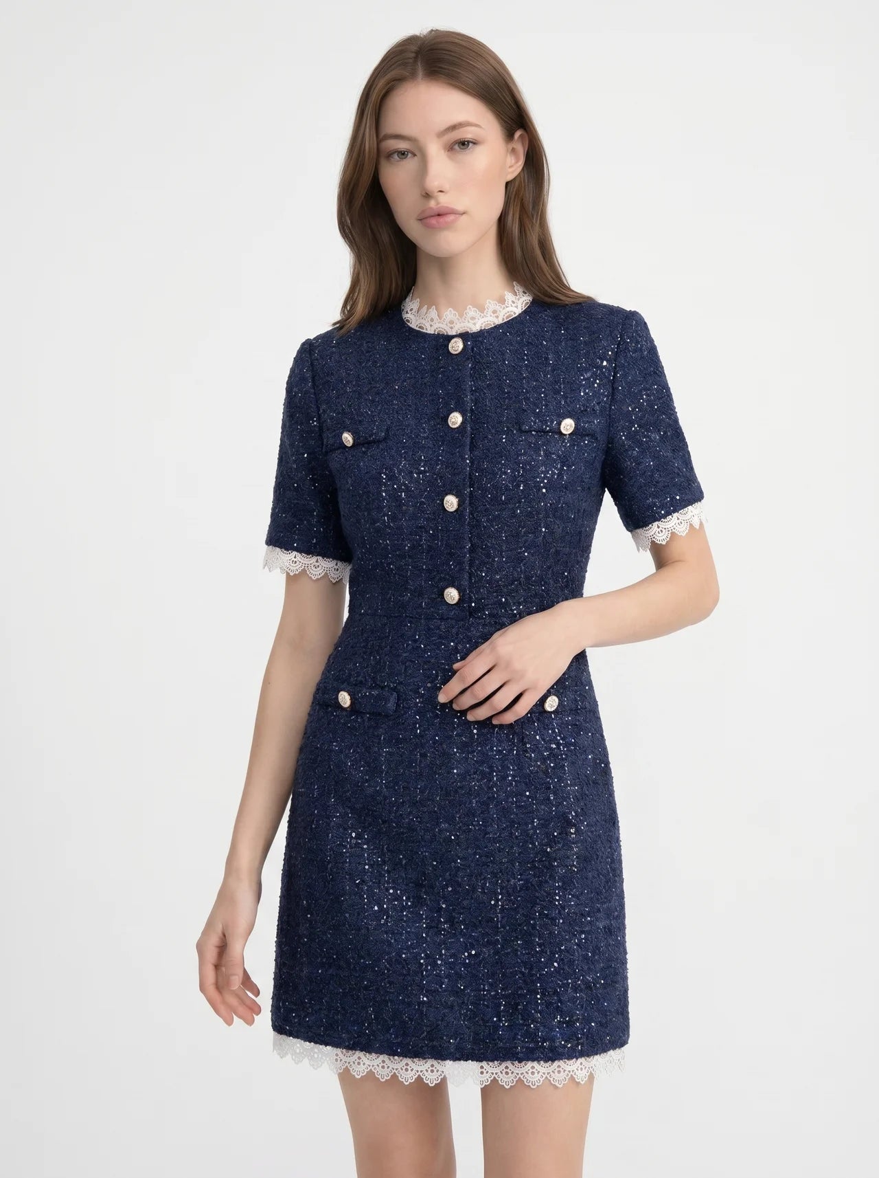 Octavie Tweed Mini Jurk met Kanten Rand