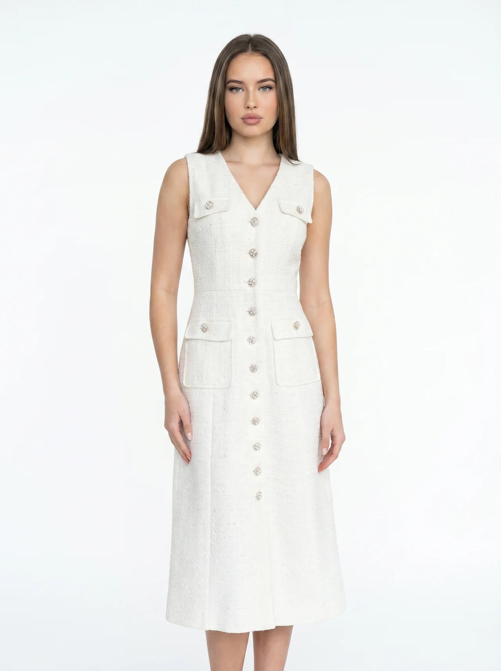 Zénaïde Tweed Midi Jurk Mouwloos Parel Knopen