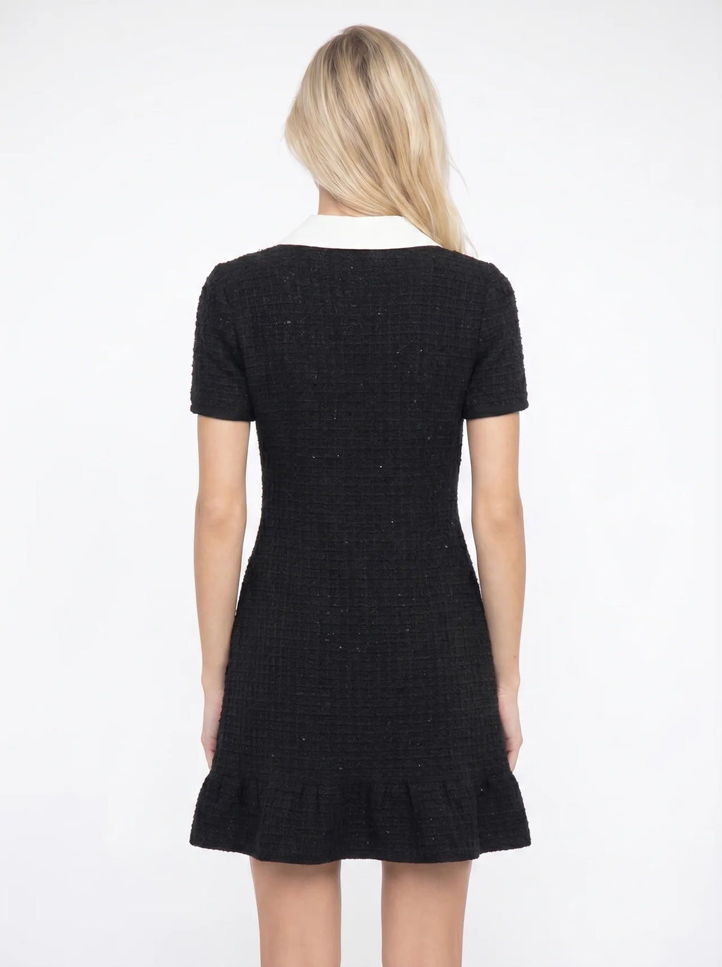 Athénaïs Tweed Mini Jurk Witte Contrastkraag Parel Knopen
