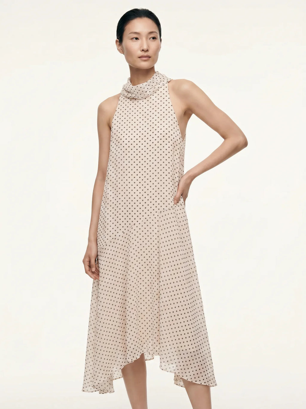 Oriane Chiffon Midi Jurk Polkadot Halternek