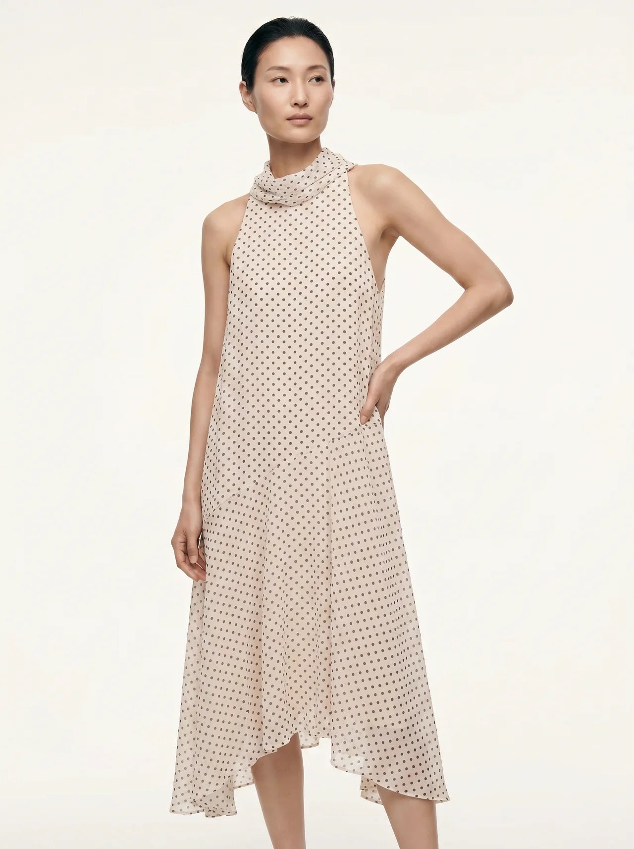 Oriane Chiffon Midi Jurk Polkadot Halternek