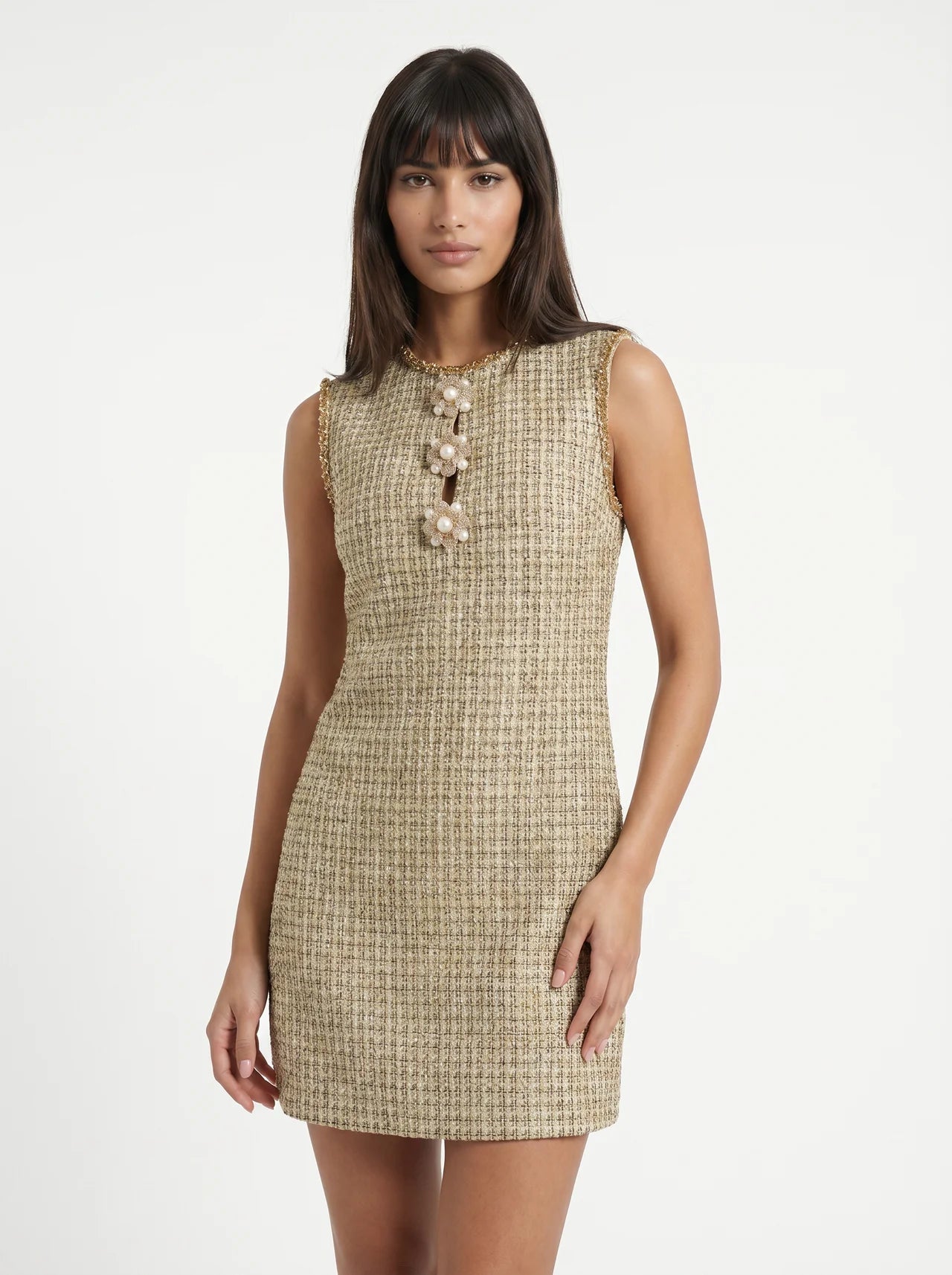 Bérangère Tweed Mini Jurk Parel Knopen Franjerand