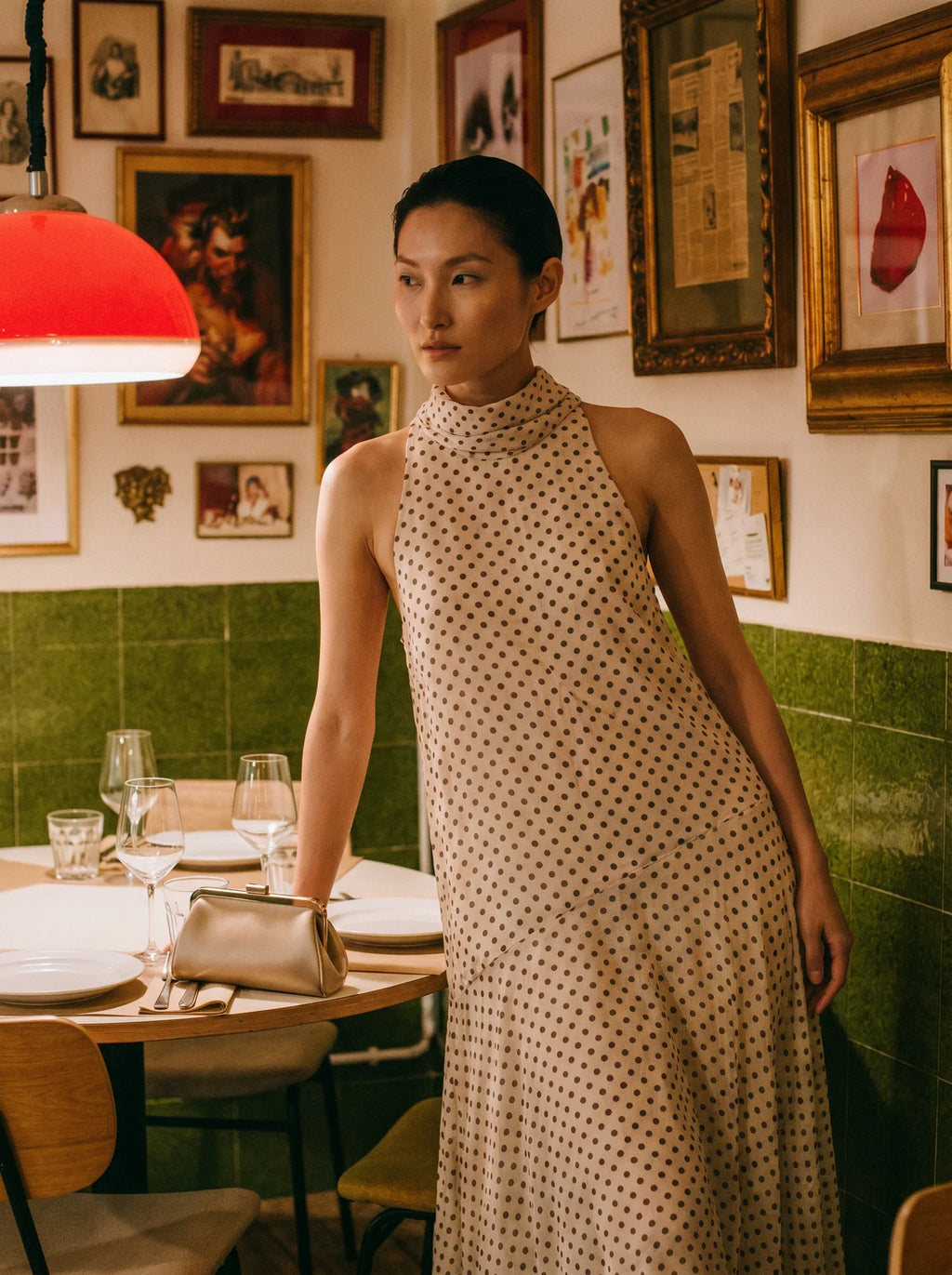 Oriane Chiffon Midi Jurk Polkadot Halternek