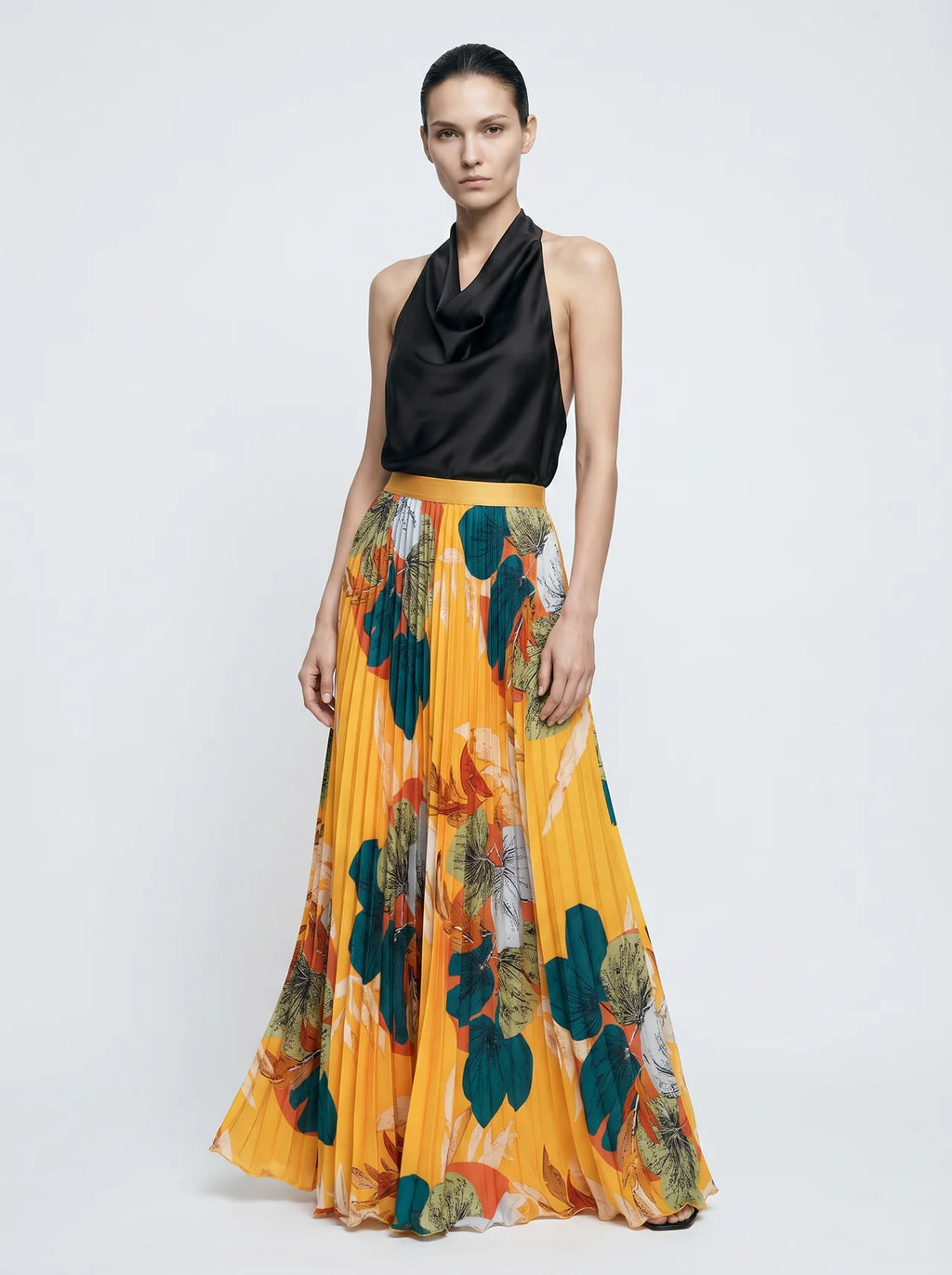 Cambronne Geplisseerde Maxi Rok met Tropische Bloemenprint