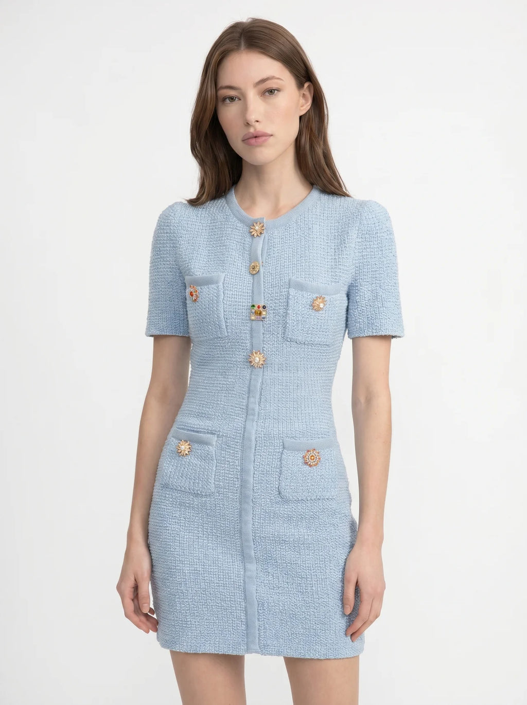 Béatrix Tweed Mini Jurk Zirkonia Knopen Vier Zakken