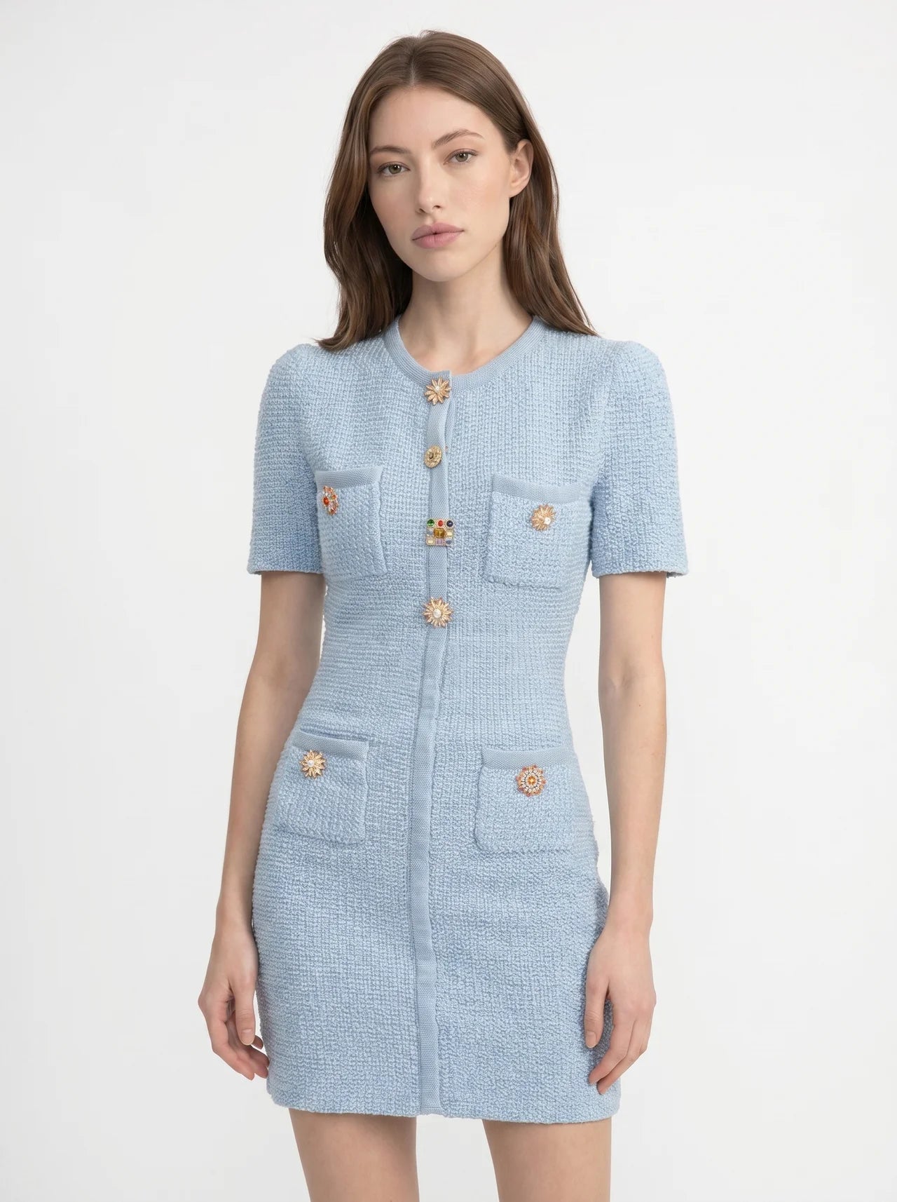 Béatrix Tweed Mini Jurk Zirkonia Knopen Vier Zakken