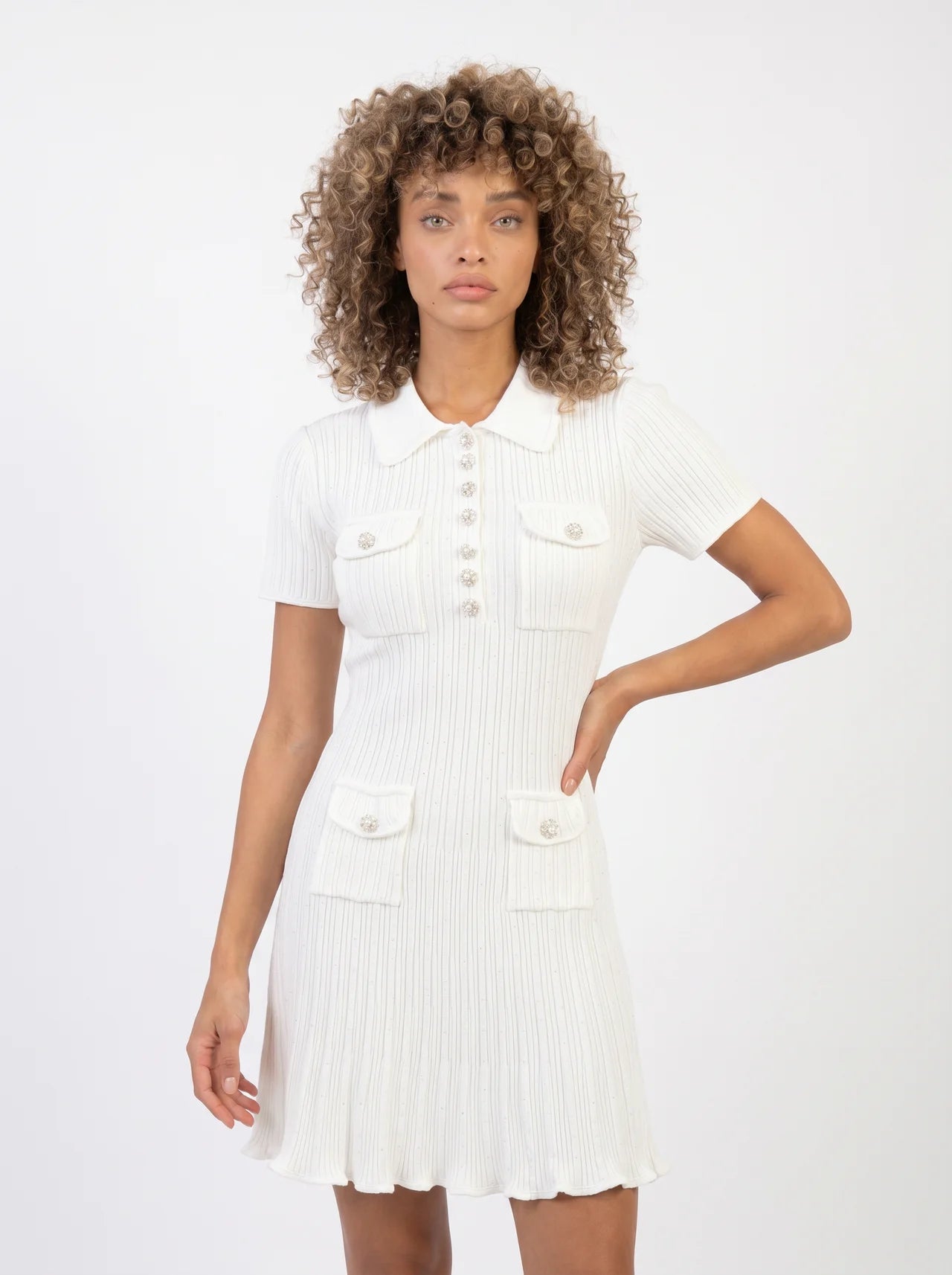 Françoise Gebreide Mini Jurk Polokraag Zirkonia Knopen