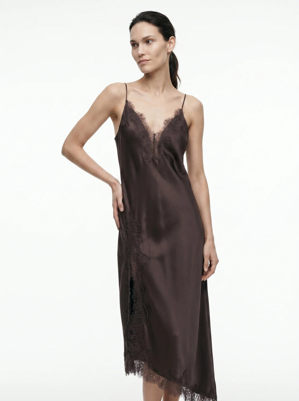 Océane Satijnen Slip Dress Kanten Zijpaneel V-hals