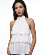 Romane Halter Blouse met Broderie en Gelaagde Ruches