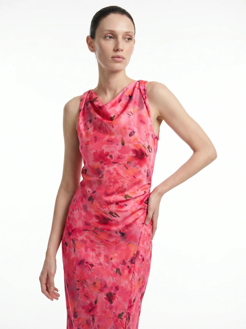 Liliane Bloemenprint Midi Jurk Watervalhals Ruching
