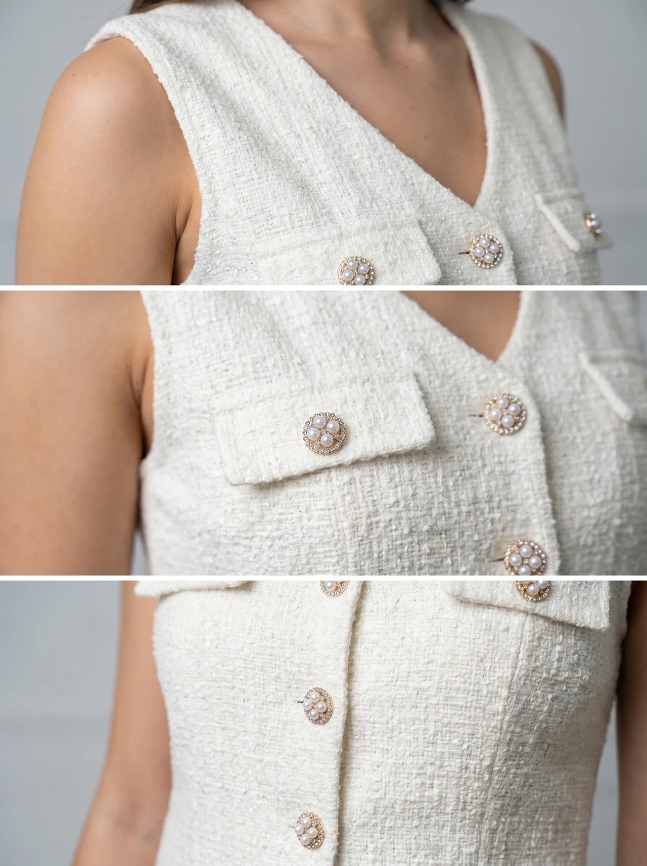 Zénaïde Tweed Midi Jurk Mouwloos Parel Knopen