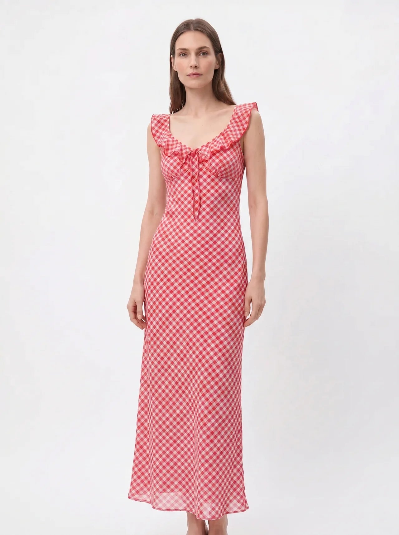 Flore Midi Jurk met Ruches Hals en Gingham Ruit