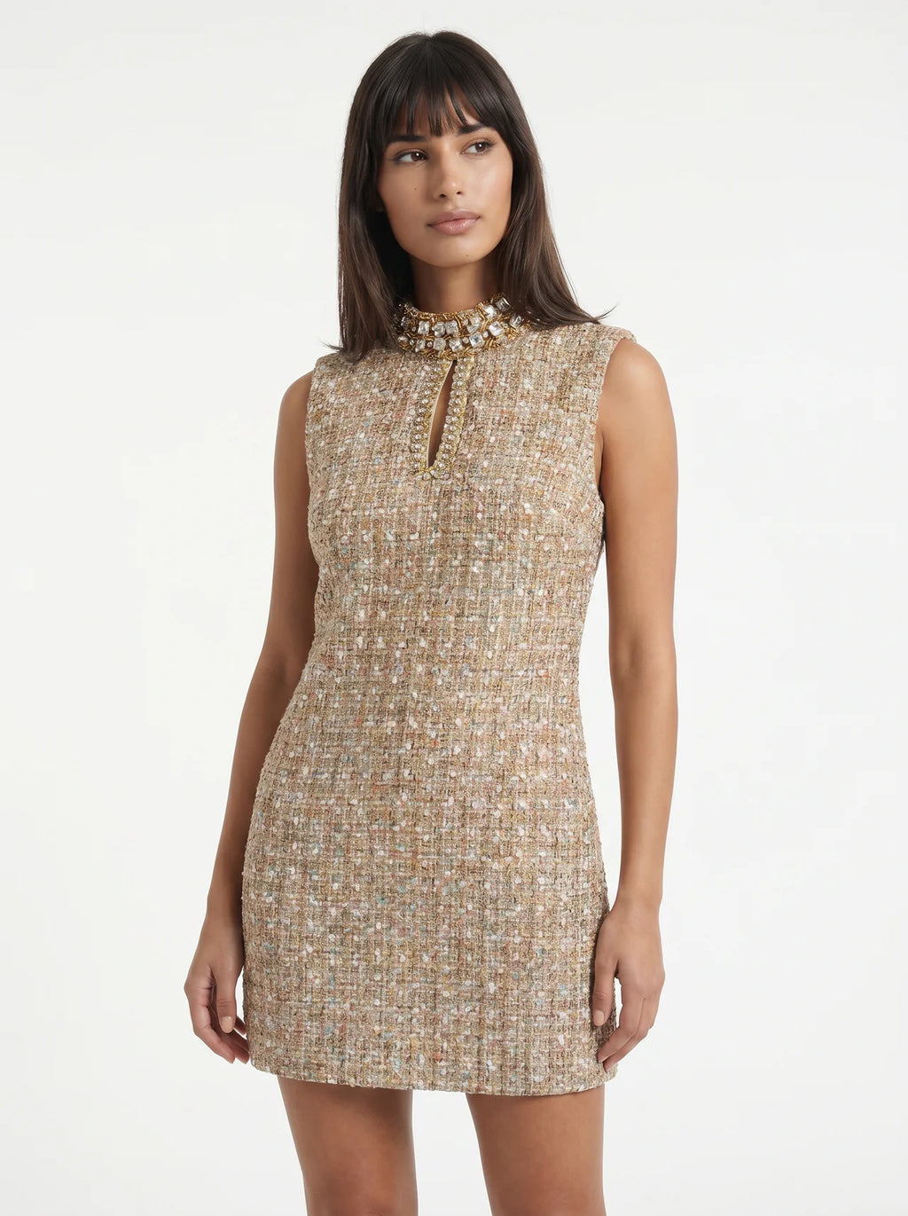 Adélaïde Tweed Mini Jurk Kristallen Staande Hals
