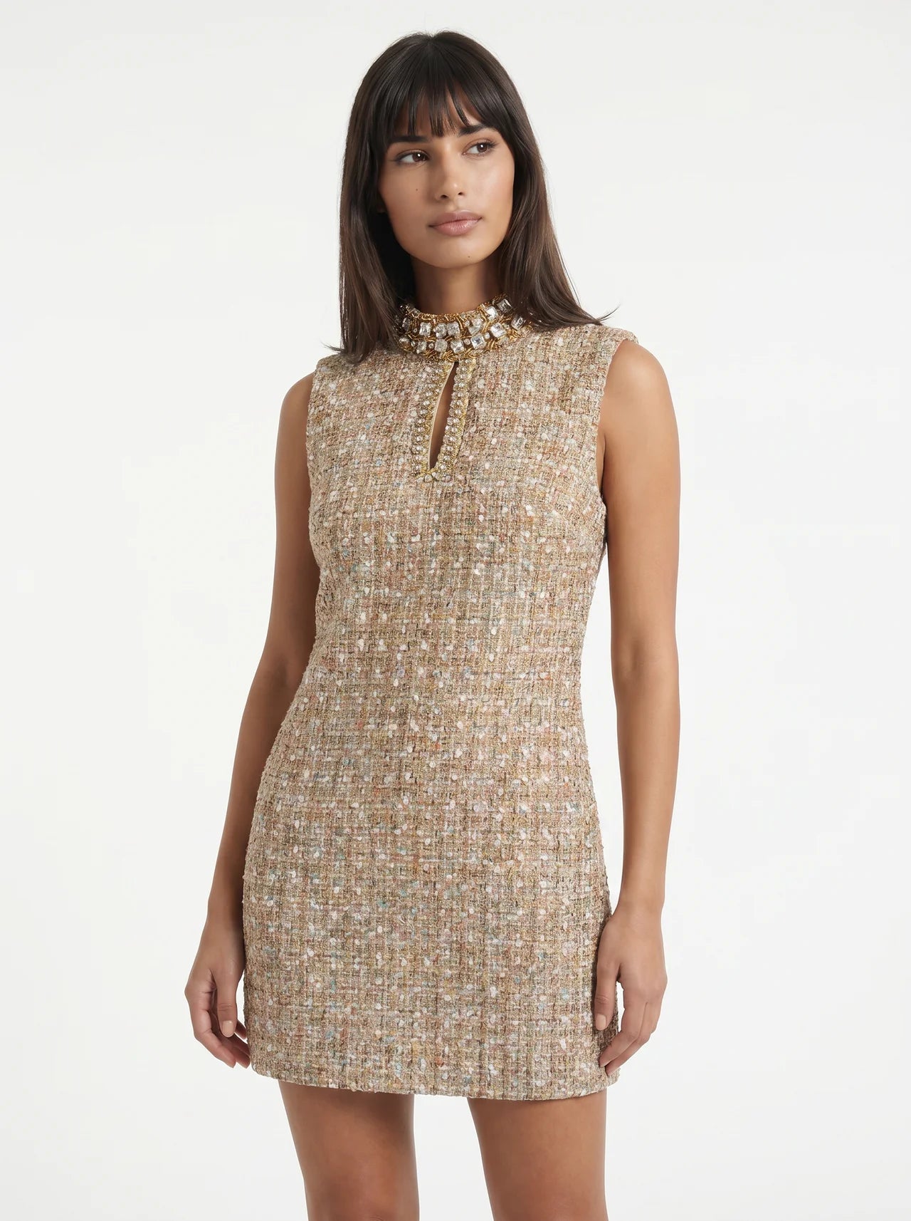 Adélaïde Tweed Mini Jurk Kristallen Staande Hals