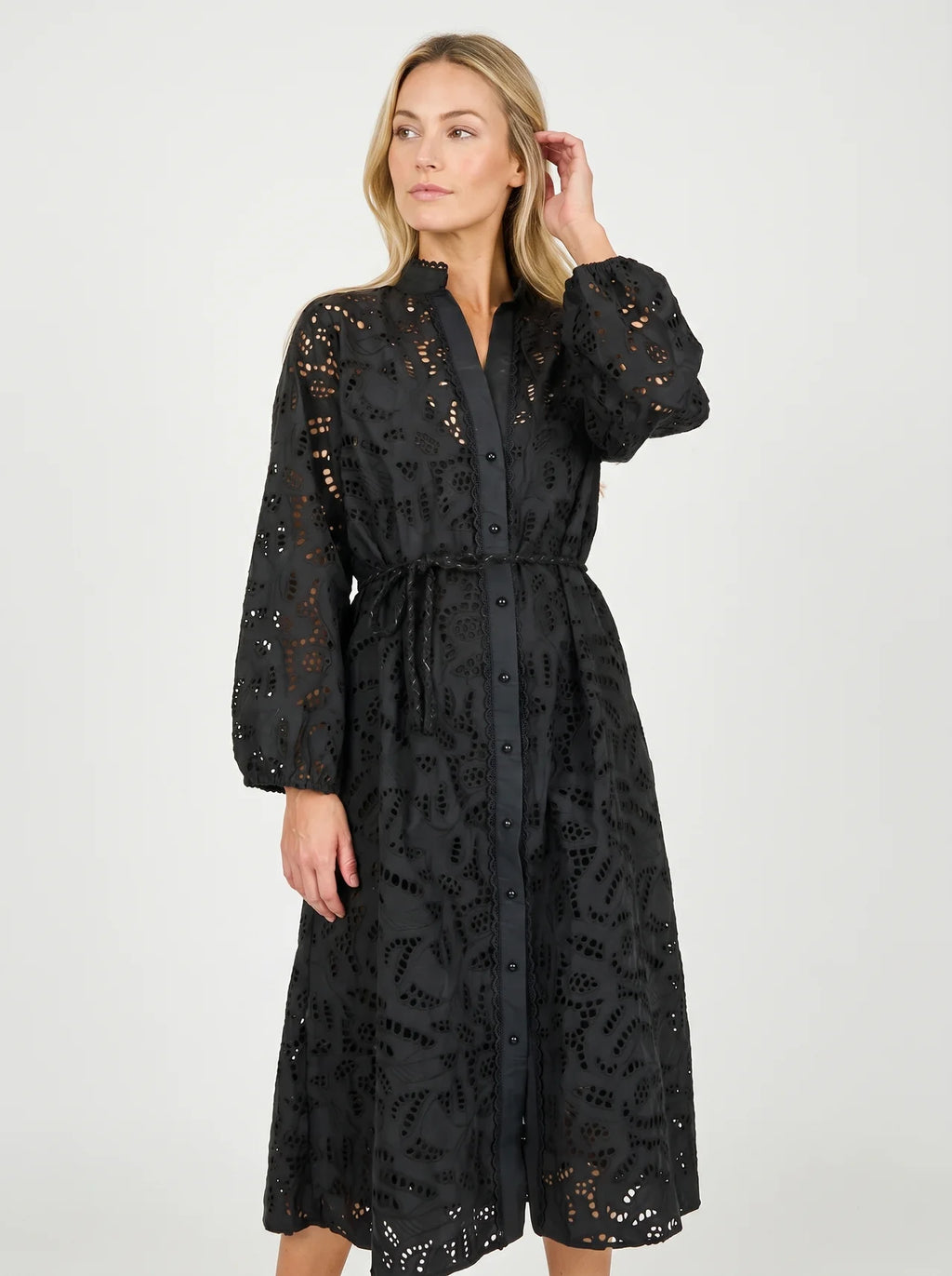 Albane Midi Jurk met Opengewerkte Broderie en Ceintuur