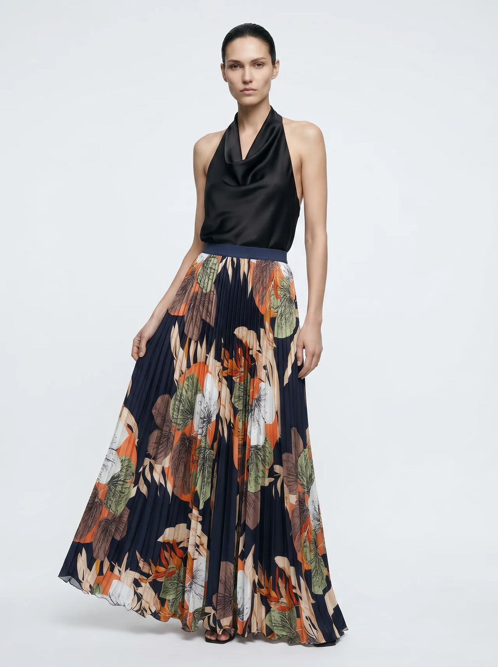 Cambronne Geplisseerde Maxi Rok met Tropische Bloemenprint