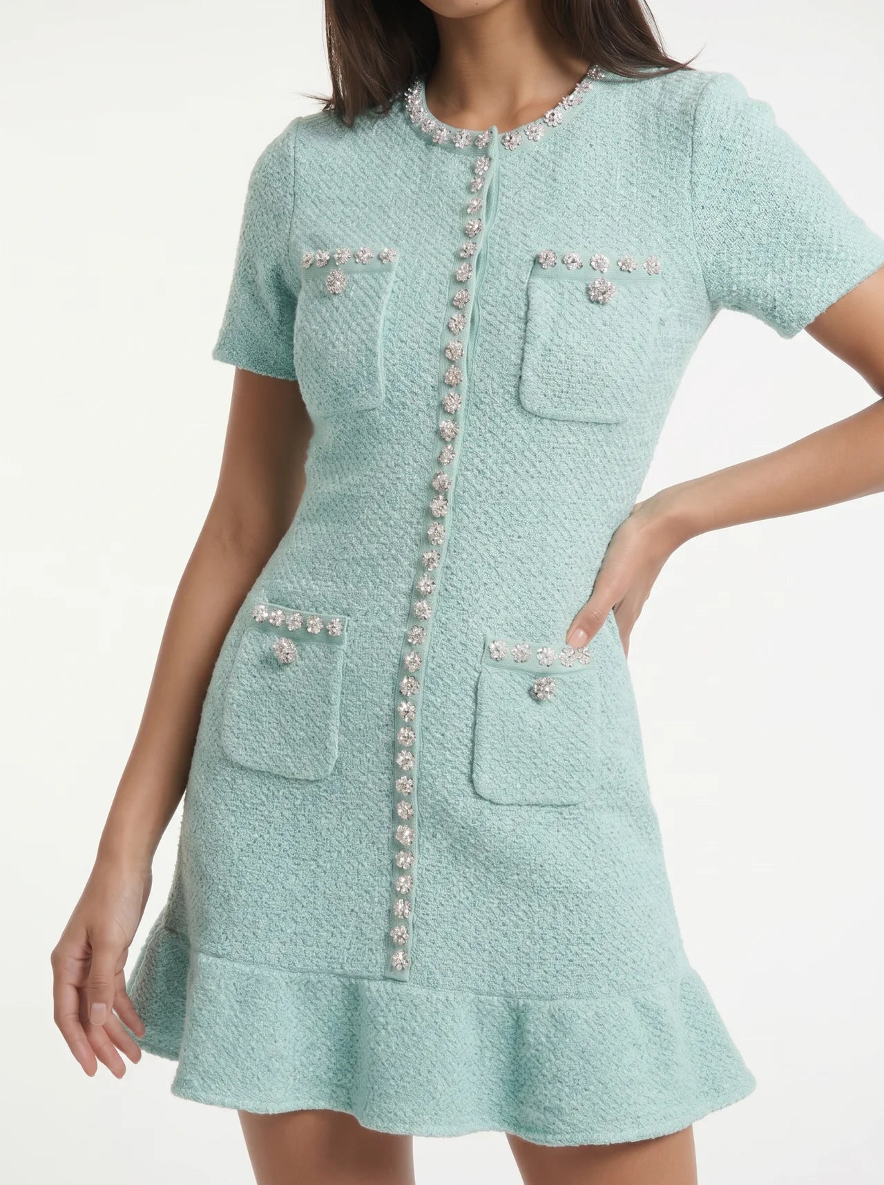 Dorothée Gebreide Mini Jurk met Sierknopen