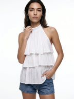 Romane Halter Blouse met Broderie en Gelaagde Ruches