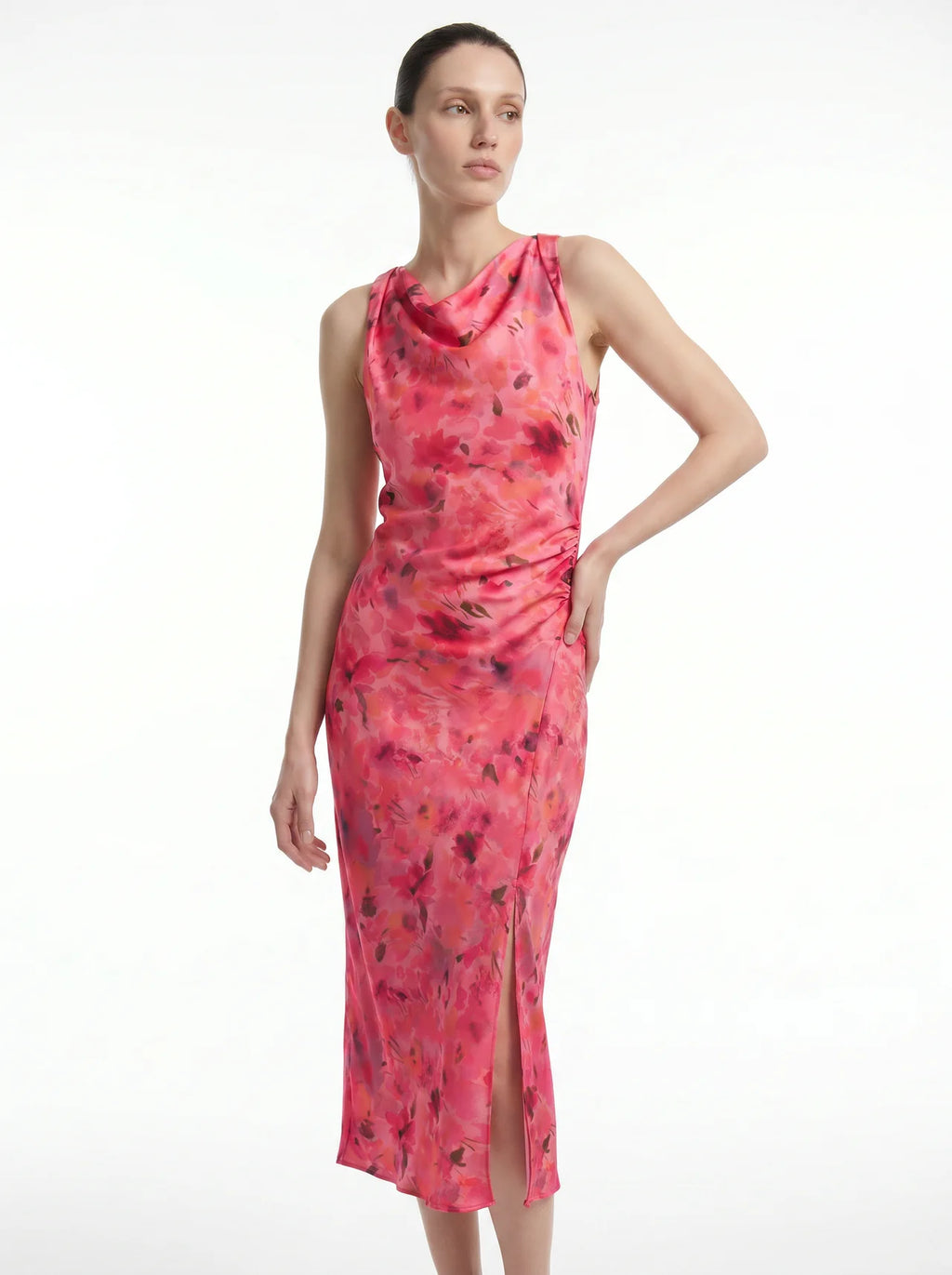 Liliane Bloemenprint Midi Jurk Watervalhals Ruching