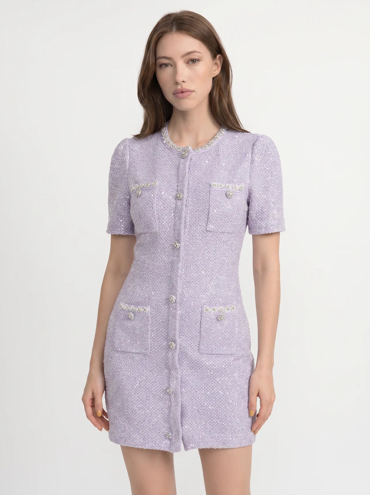Hyacinthe Tweed Mini Jurk Kristallen Halsrand Pailletten
