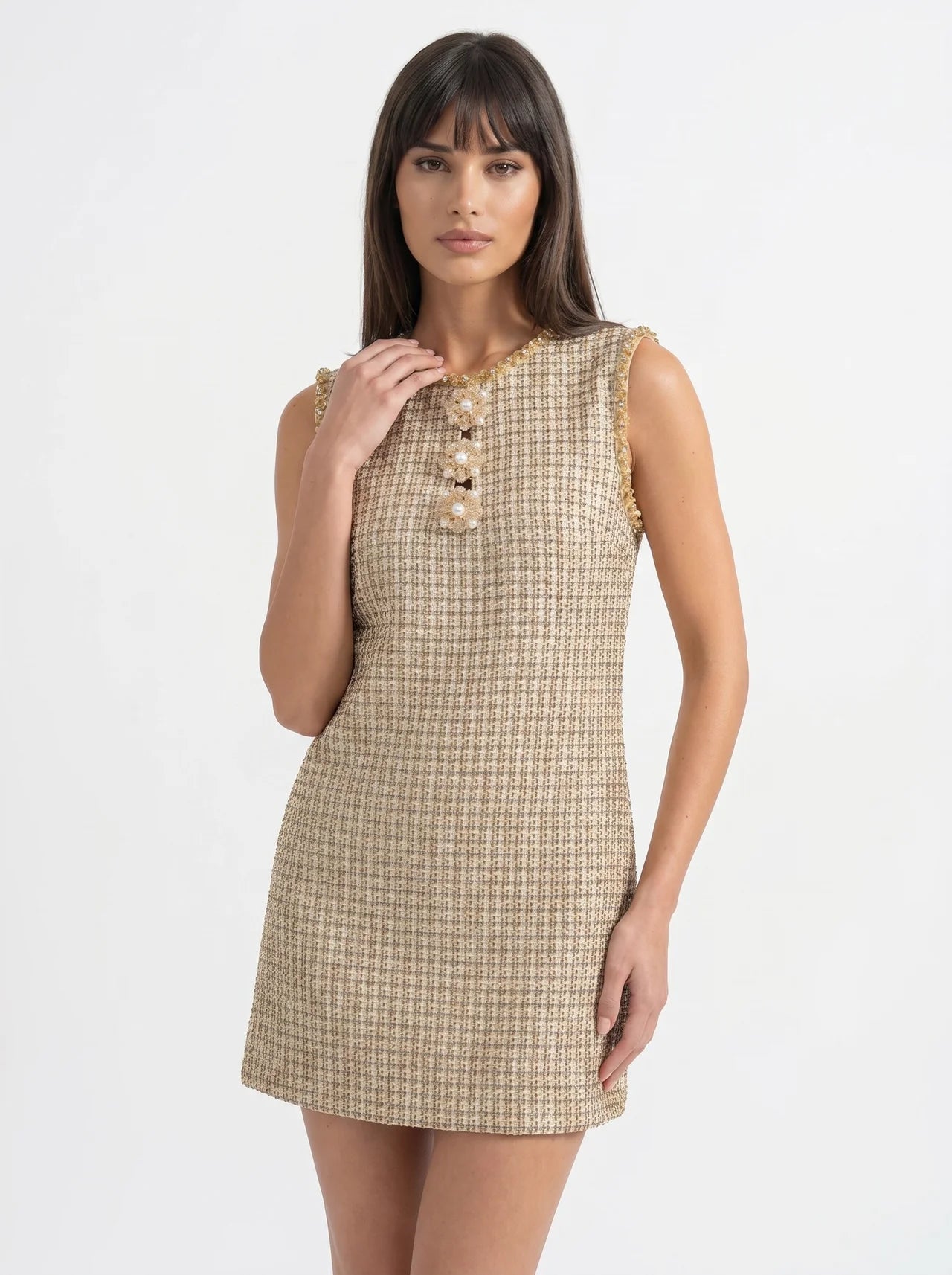 Bérangère Tweed Mini Jurk Parel Knopen Franjerand