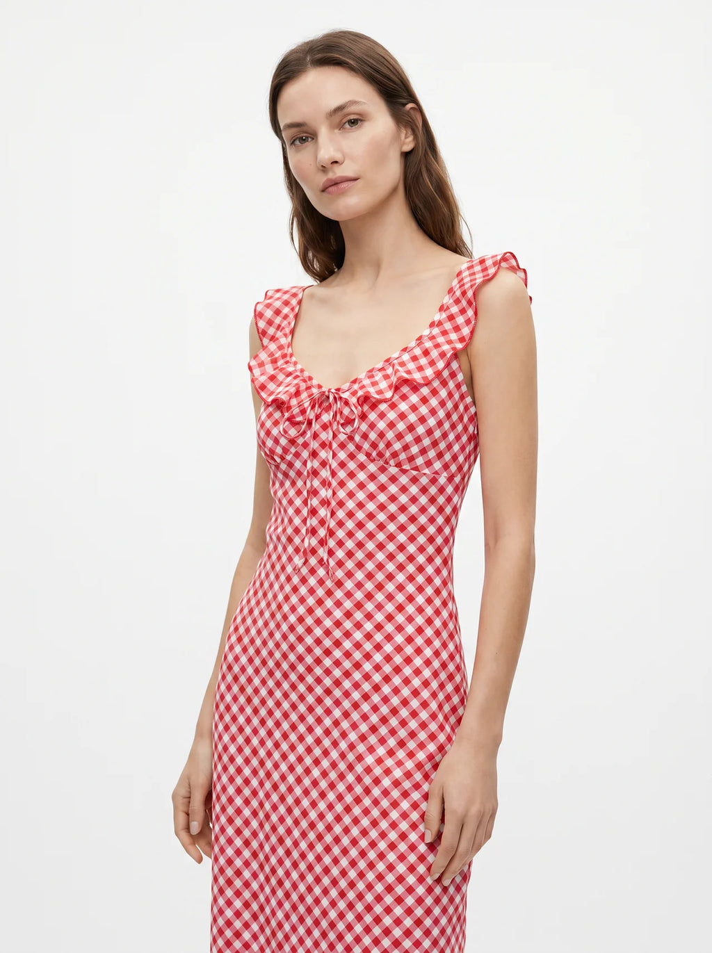 Flore Midi Jurk met Ruches Hals en Gingham Ruit