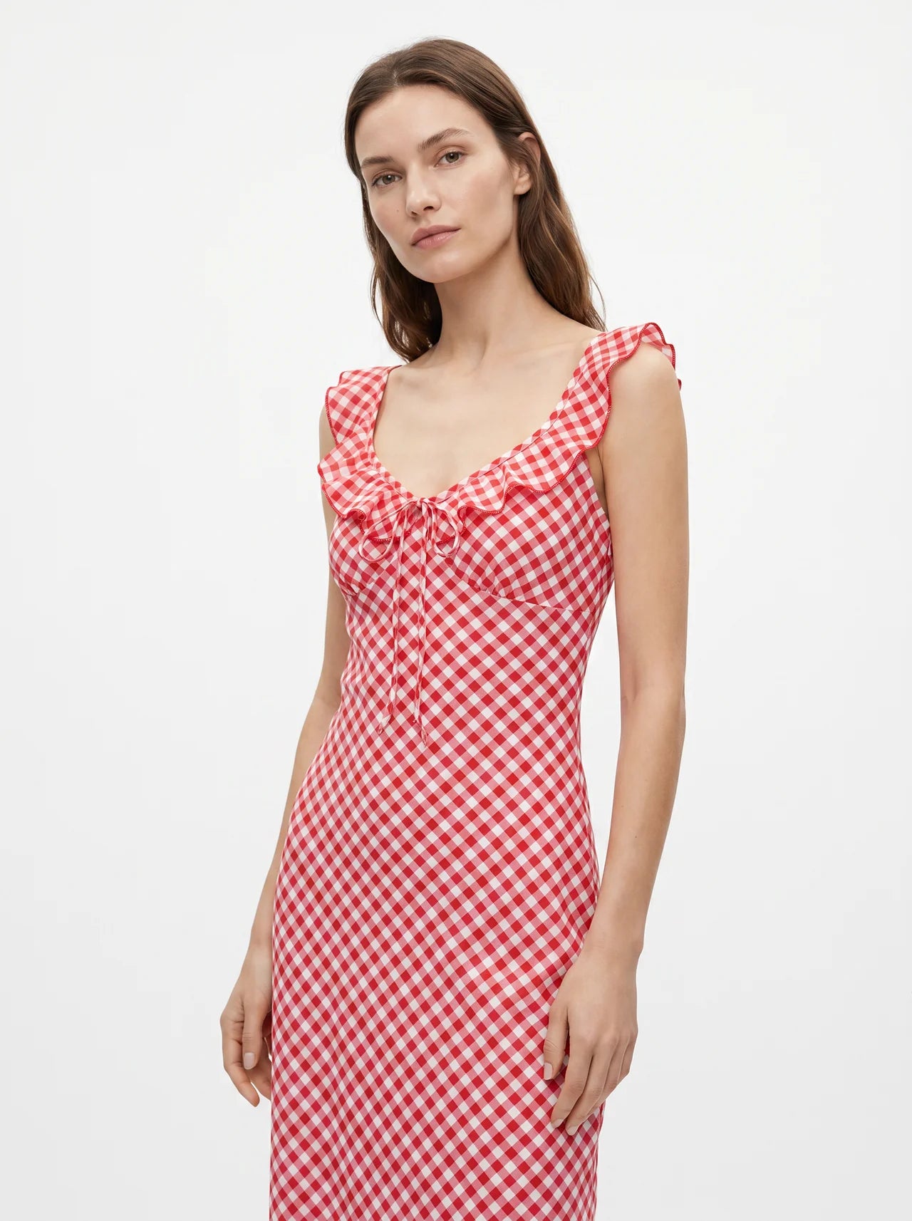 Flore Midi Jurk met Ruches Hals en Gingham Ruit