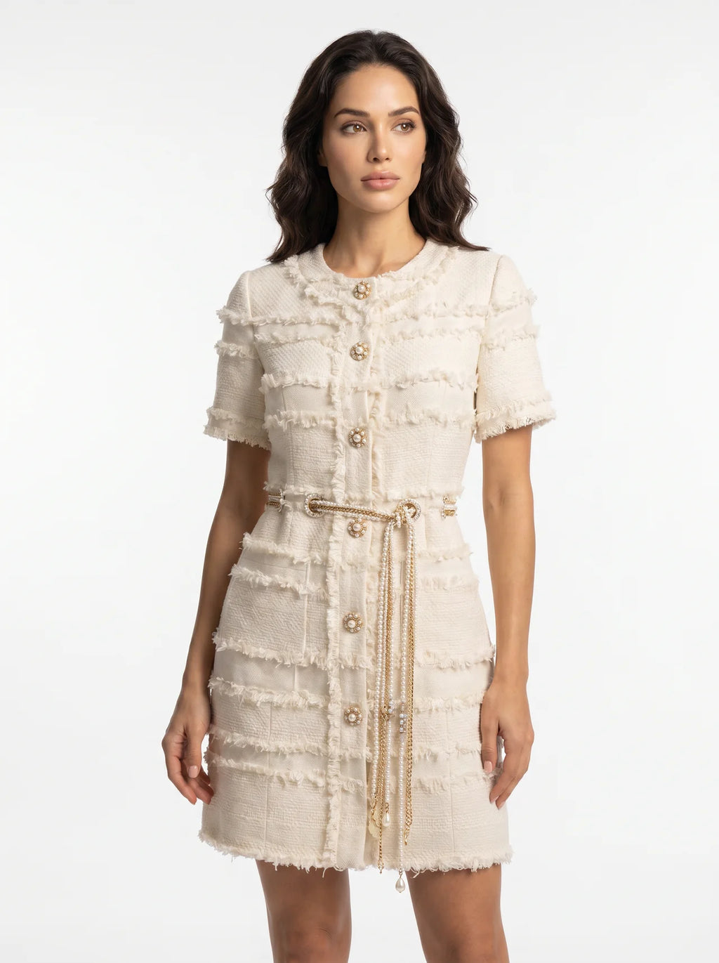 Philomène Tweed Mini Jurk met Parelknopen