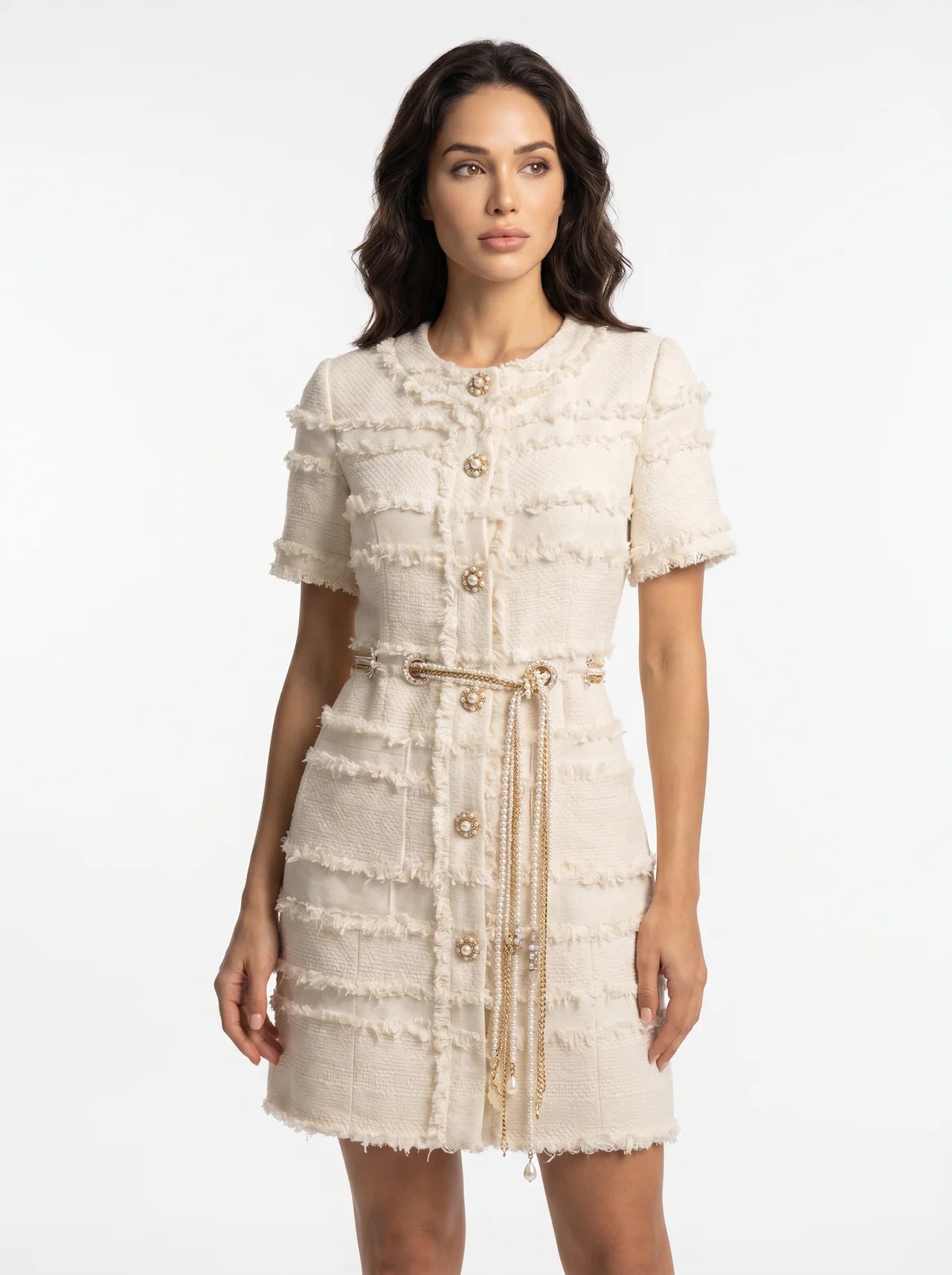 Philomène Tweed Mini Jurk met Parelknopen