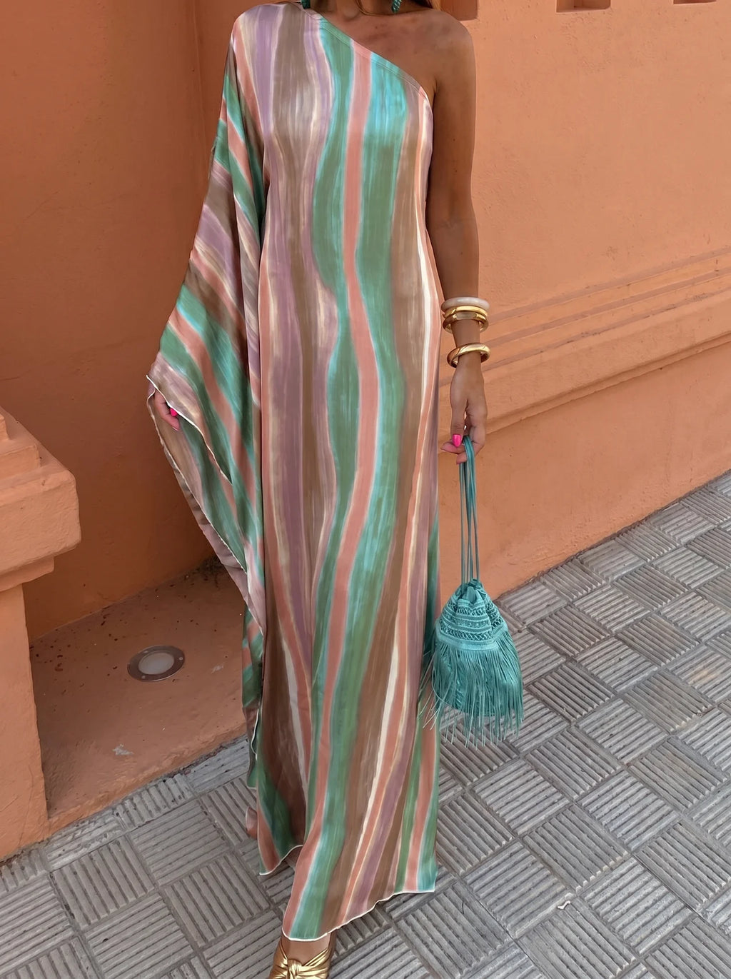 Coralie One Shoulder Maxi Jurk Streepprint
