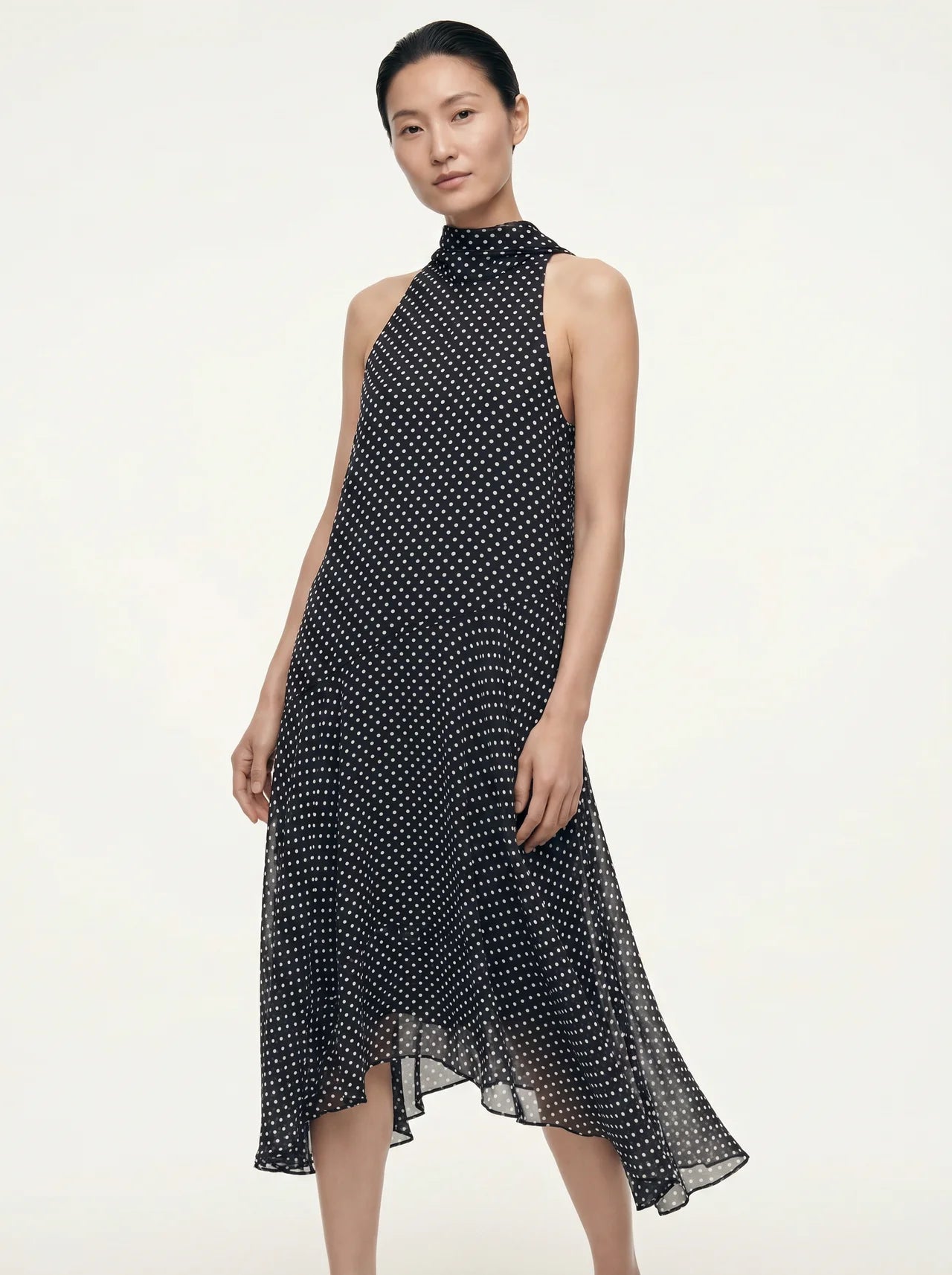 Oriane Chiffon Midi Jurk Polkadot Halternek